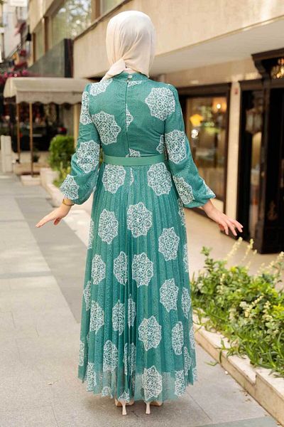 Neva Style Floral Patterned Green Hijab Dress 11870Cy