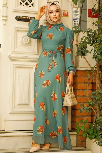 Neva Style Φόρεμα με λουλουδάτο σχέδιο Çağla Green Hijab 27937cy