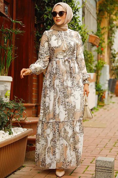 Neva Style - Rochie Hijab Bej cu Motive 33562bej