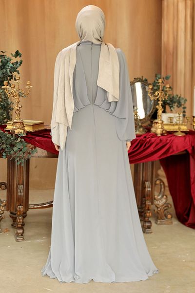 Neva Style Drape Detailed Gray Hijab Evening Dress 25891Gr