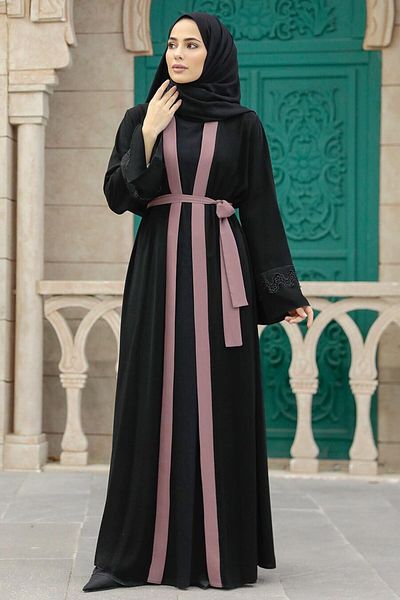 Neva Style Belted Dusty Rose Hijab Abaya (55440Gk)
