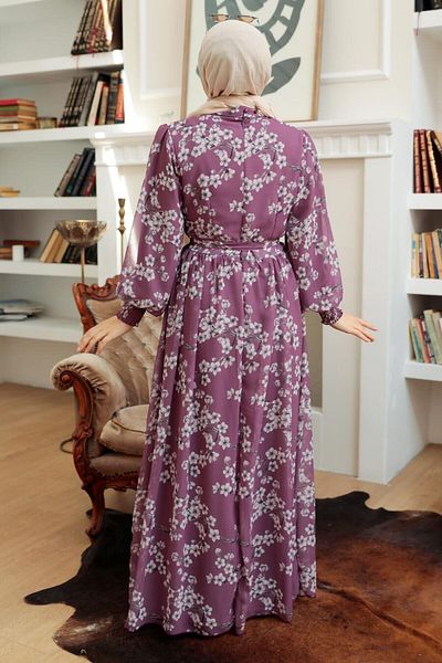 Neva Style Floral Patterned Dark Rose Hijab Dress 56830Kgk
