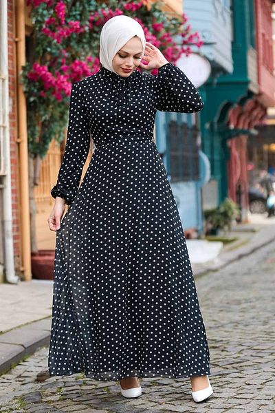 Neva Style Polka Dot Black Hijab Dress 27909S