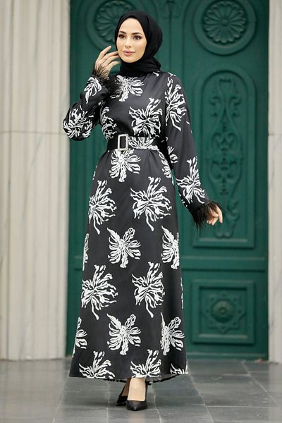 Neva Style - Rochie neagră cu hijab cu model 77301s