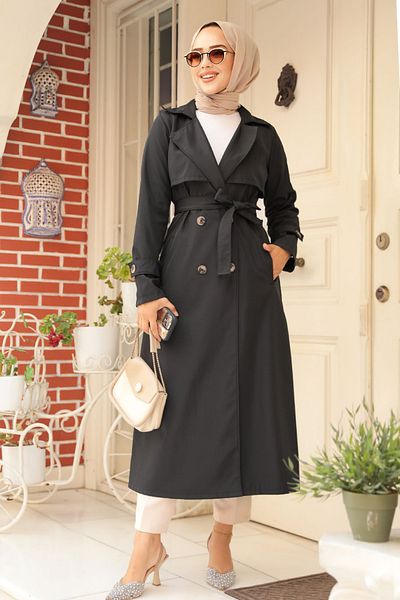 Neva Style Trench Hijab negru cu nasturi 6103s