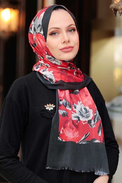 Neva Style - Şal Hijab negru cu model floral 51820s