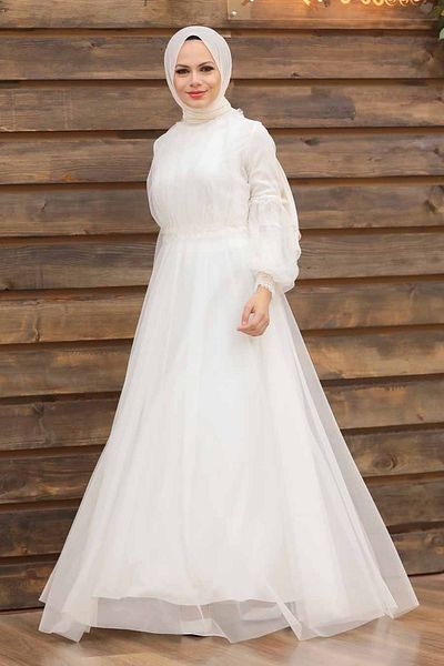 Neva Style فستان سهرة إسلامي بأكمام بالون إكرو 5474e