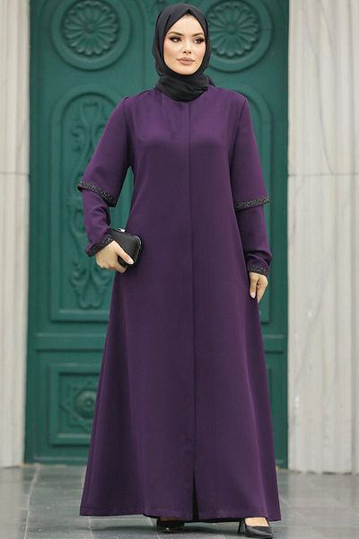 Neva Style Hijab prune cu detaliu pe mâneci Ferace 10091mu