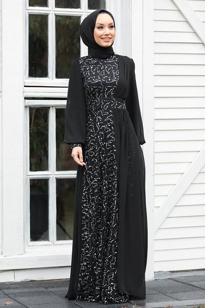 Neva Style فستان سهرة حجاب - فستان سهرة حجاب فضي مزين بالترتر 5408 جم