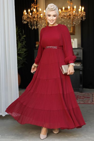 Neva Style Rochie plisată Hijab Burgundy - 44761BR