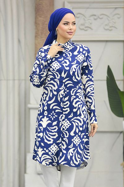 Neva Style - Μοτίβο Navy Blue Hijab Viscose Tunic 11662l