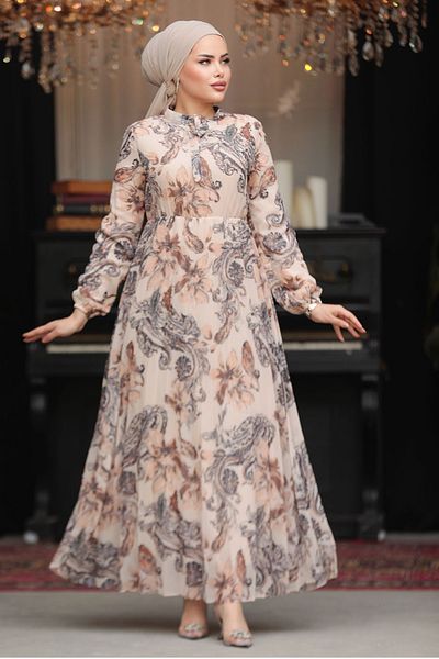 Neva Style Rochie Hijab Bej cu Motiv Floral 50355BEJ