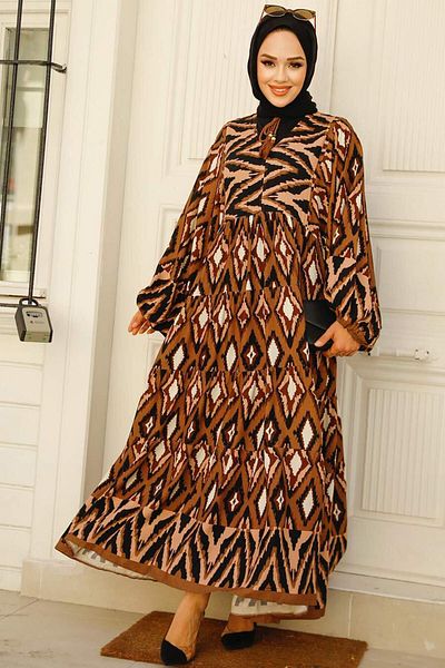 Neva Style Patterned Brown Hijab Dress 10235KH