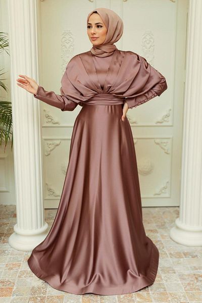 Neva Style فستان سهرة حجاب من الساتان النحاسي 22470bkr