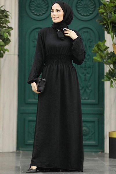 Neva Style Rochie neagră hijab cu guler cravată 5973s