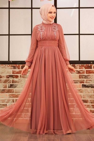 Neva Style Βραδινό φόρεμα Hijab Dark Salmon με λεπτομέρεια λουλουδιών 22070ksmn