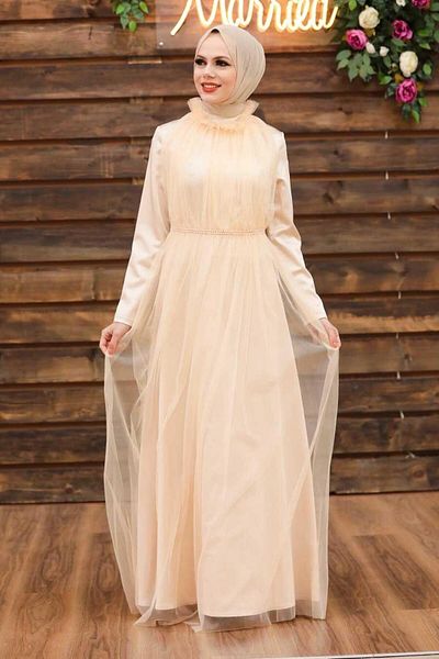 Neva Style Salmon Hijab Evening Dress with Bead Detail 2203Smn
