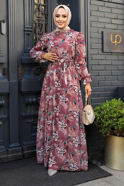 Neva Style Floral Patterned Dusty Rose Hijab Dress 29710Gk