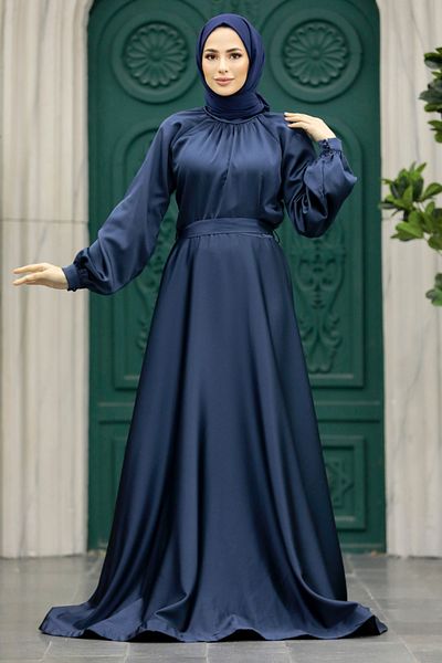 Neva Style Satin Navy Blue Hijab Evening Dress 5758L