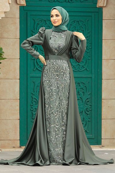 Neva Style فستان سهرة حجاب كاكي مطرز بالترتر 23082hk