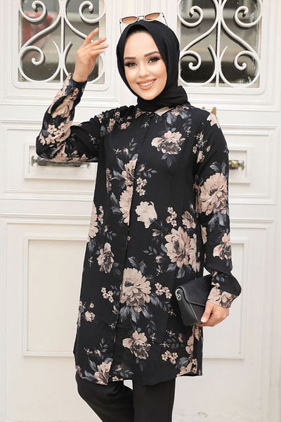 Neva Style - تونيك فيسكوز حجاب أسود منقوش 11550s