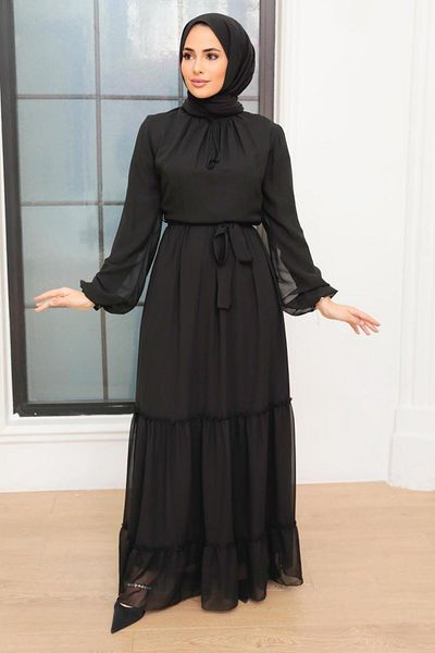 Neva Style Rochie neagră plisată cu hijab 5726s