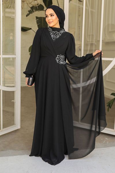 Neva Style Beaded Black Hijab Evening Dress 25882S