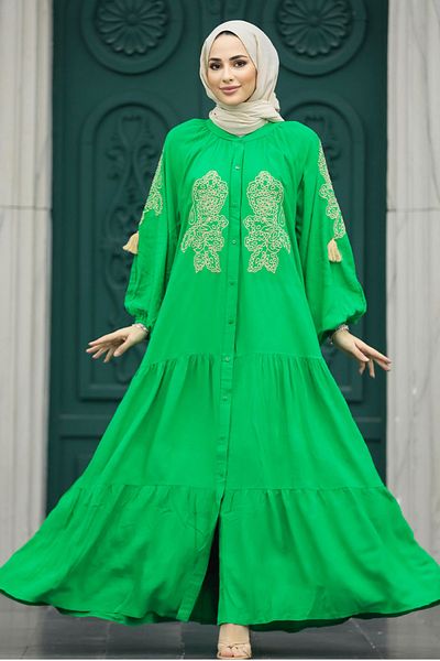 Neva Style Rochie hijab verde cu model de broderie 10186y