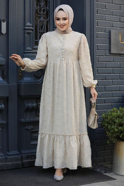 Neva Style Beige Hijab Dress - Laced, Model 10013Beige