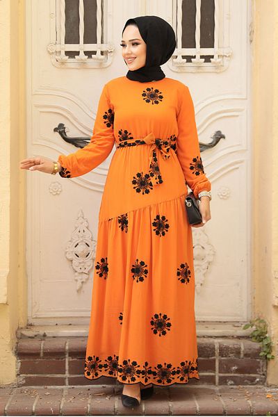 Neva Style Rochie hijab portocalie cu modele florale 1332t