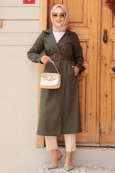 Neva Style Χακί Hijab Trench Coat με ζώνη πόρπης 5942hk