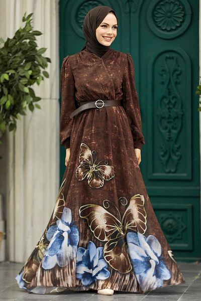 Neva Style Βραδινό φόρεμα με μοτίβο καφέ χιτζάμπ 39211kh