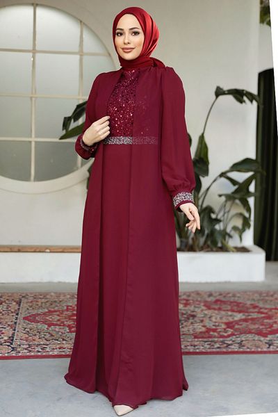 Neva Style Burgundy Hijab Evening Dress with Cloak 25876BR