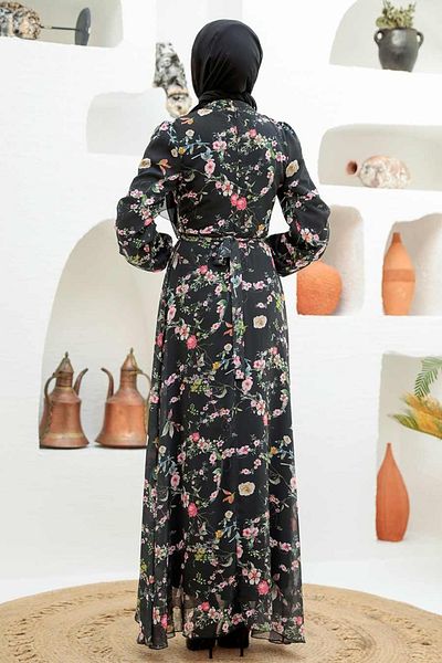Neva Style Φόρεμα Hijab με μοτίβο λουλουδιών μαύρο 279032s