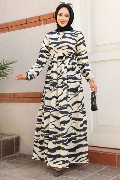 Neva Style Black Patterned Hijab Dress - 23142s