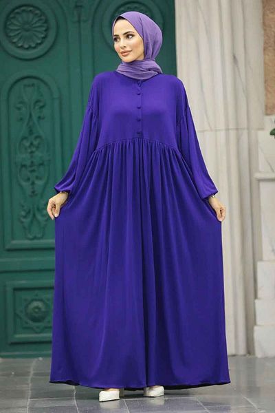 Neva Style Rochie Hijab violetă cu detaliu nasturi 5922mor
