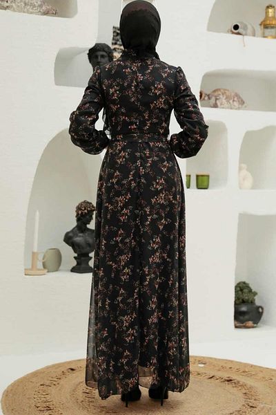 Neva Style - Rochie Hijab Neagră cu Motiv Floral 27923s
