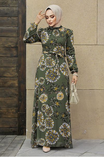 Neva Style Rochie Hijab Kaki cu Motiv Floral 279320 hk