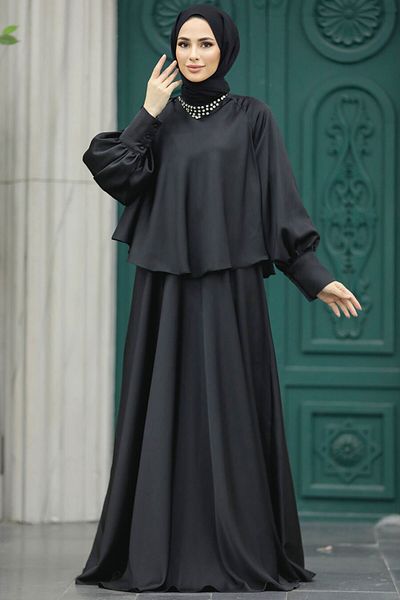 Neva Style Rochie de seara neagra hijab cu pelerina 6051s