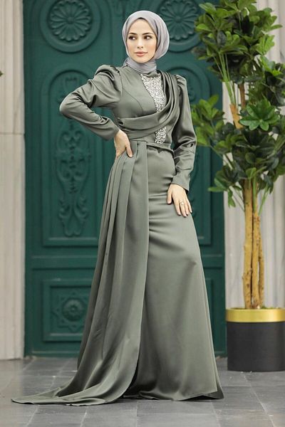 Neva Style فستان سهرة بذيل كاكي ساتان حجاب 22891hk