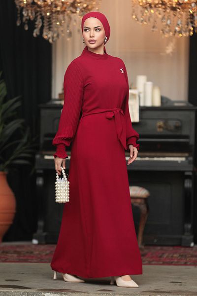 Neva Style Burgundy Hijab Dress with Belt 30013Br