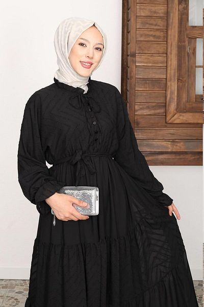 Neva Style Μαύρο Πλισέ Φόρεμα Hijab - 14232S