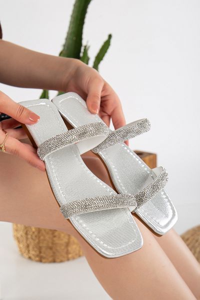 PLN SHOES Comfortable Sole Women's Silver Orthopedic Sole 5mm. Two Stones Evening Dress Slippers with Sponge