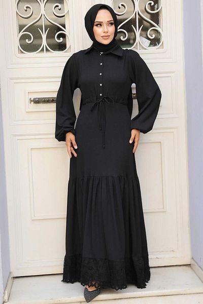 Neva Style - Rochie Hijab neagră cu nasturi 5878s