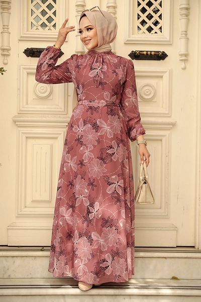 Neva Style Floral Patterned Dusty Rose Hijab Dress 279079 Gk