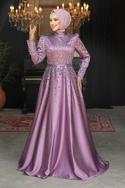 Neva Style Beaded Detailed Dusty Rose Hijab Satin Evening Dress 25894Gk