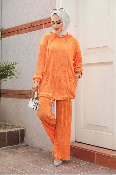 Neva Style Orange PleaTed Hijab Double SeT - 100075 T