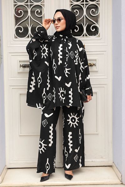 Neva Style Set dublu hijab cu model negru - 12294S