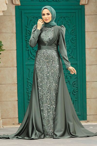 Neva Style فستان سهرة حجاب كاكي مطرز بالترتر 23082hk