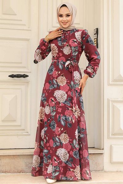 Neva Style Φόρεμα Hijab με λουλούδια μπορντό 279083br